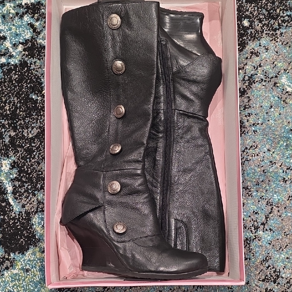 Kenzie Black Leather Heeled Boots with Metallic Button Accents